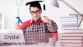  Presentation with super hero - Amazing PPT theme having leadership certificates - super hero student wearing backdrop and a  colored foreground