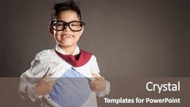  Presentation with superhero - Cool new slides with leadership changement - little boy opening his shirt backdrop and a gray colored foreground