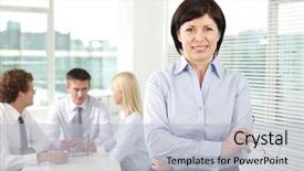  Presentation with environment community - Colorful theme enhanced with leadership communication - mature businesswoman looking at camera backdrop and a lemonade colored foreground