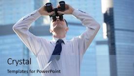  Presentation with office buildings - PPT layouts with leadership development - businessman with binoculars against modern background and a light blue colored foreground