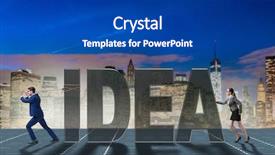  Presentation with idea - Slide deck consisting of leadership development - businesswoman and businessman in idea background and a ocean colored foreground