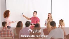  Presentation with trainer - Audience pleasing theme consisting of leadership development - group of people with business backdrop and a violet colored foreground