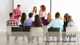  Presentation with trainer - PPT layouts featuring leadership development - group of people with business background and a mint green colored foreground