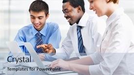  Presentation with business group meeting - Slide deck featuring leadership diverse - group of happy business people background and a light blue colored foreground