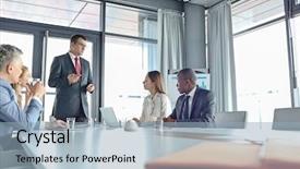  Presentation with board meeting room chairs - Colorful presentation theme enhanced with leadership diverse - mature businessman discussing with colleagues backdrop and a light blue colored foreground