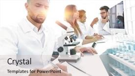  Presentation with electronic product innovation lab - Colorful slides enhanced with leadership healthcare - young scientist works backdrop and a soft green colored foreground