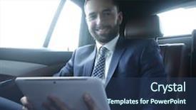  Presentation with digital car - PPT theme featuring leadership journey - businessman with a digital tablet background and a ocean colored foreground