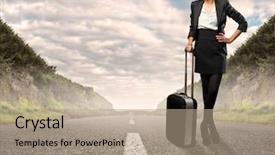  Presentation with journey line - Cool new PPT theme with leadership journey line - businesswoman with a suitcase standing backdrop and a  colored foreground