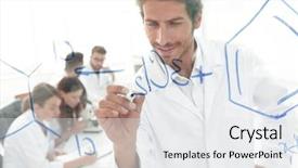  Presentation with data - Colorful presentation theme enhanced with leadership medical - smiling scientist records data backdrop and a white colored foreground