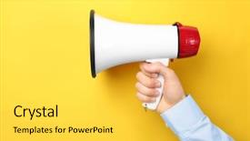  Presentation with leadership - PPT theme having leadership messages - man holding megaphone on color background and a yellow colored foreground