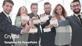  Presentation with business cards - Slide deck featuring leadership messages - smiling business team showing their background and a  colored foreground