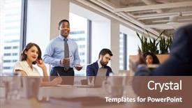  Presentation with giving - Presentation design consisting of mature businessman standing giving presentation background and a coral colored foreground