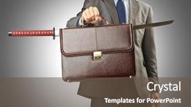  Presentation with purple floral sword - Presentation design featuring leadership portfolio - businessman with sword on white background and a  colored foreground