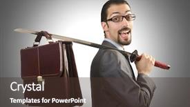  Presentation with sword - Slide set with leadership portfolio - businessman with sword on white background and a  colored foreground