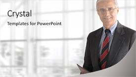  Presentation with front office - Beautiful PPT theme featuring leadership portfolio - mature smiling business manager holding backdrop and a white colored foreground