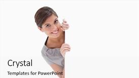  Presentation with corner - PPT theme having leadership posters - smiling woman looking background and a white colored foreground