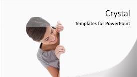  Presentation with corner - Presentation theme with leadership posters - woman looking around the corner background and a white colored foreground