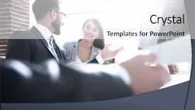  Presentation with team - PPT layouts enhanced with leadership research - business background business team talking background and a white colored foreground