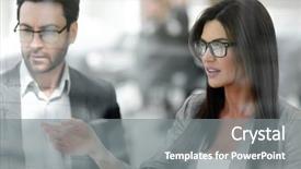  Presentation with business partner - Audience pleasing slide deck consisting of leadership research - close up business woman talking backdrop and a gray colored foreground