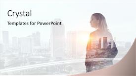  Presentation with city - Cool new PPT layouts with leadership search - businesswoman against modern city background backdrop and a cool aqua colored foreground