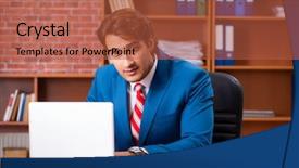  Presentation with employee anniversary work office - PPT theme featuring leadership search - young handsome employee sitting background and a red colored foreground