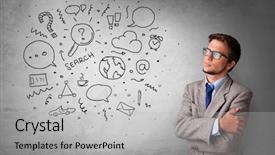  Presentation with thinking - Beautiful theme featuring leadership search - young person thinking with office backdrop and a light gray colored foreground