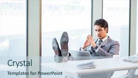  Presentation with young students working in groups - Colorful PPT theme enhanced with leadership search - young successful businessman working backdrop and a sky blue colored foreground