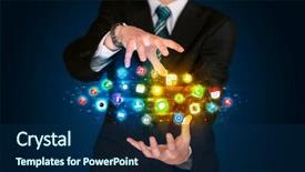  Presentation with crossroads icon - Colorful PPT layouts enhanced with leadership social media - businessman holding a shining app backdrop and a navy blue colored foreground