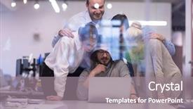  Presentation with entrepreneur - PPT theme enhanced with company owner - portrait of successful business people background and a gray colored foreground