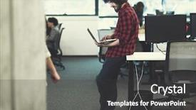  Presentation with computer software - Beautiful theme featuring company owner - young smiling successful male software backdrop and a dark gray colored foreground