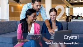  Presentation with safety interacting the public - Presentation theme having leadership team - colleagues interacting using digital tablet background and a  colored foreground