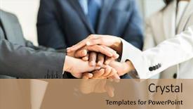  Presentation with focus - Slide set featuring leadership teamwork - close up of multiracial business background and a coral colored foreground