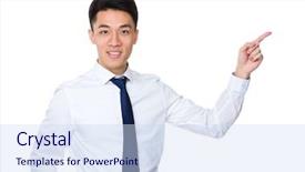  Presentation with finger point - Colorful presentation enhanced with leadership teens - asian businessman with finger point backdrop and a sky blue colored foreground