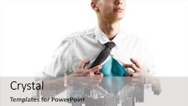  Presentation with hero business - Slide deck featuring leadership teens - business superhero double exposure concept background and a light gray colored foreground