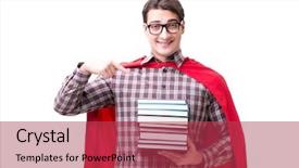  Presentation with super hero - Theme enhanced with leadership teens - super hero student with books background and a red colored foreground