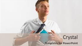  Presentation with space suit - Colorful slide deck enhanced with leadership teens - young businessman showing suit backdrop and a  colored foreground