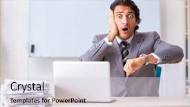  Presentation with employee anniversary work office - Slide deck featuring leadership time - young handsome businessman employee background and a  colored foreground