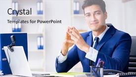  Presentation with help desk - Colorful slide set enhanced with leadership video - young help desk operator working backdrop and a sky blue colored foreground