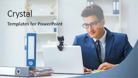  Presentation with help desk - Presentation design having leadership video - young help desk operator working background and a sky blue colored foreground