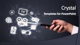  Presentation with trophy award hand holding - Cool new PPT theme with leadership video background - hand holding a remote control backdrop and a  colored foreground