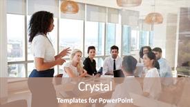  Presentation with meeting table - Slide set enhanced with leading - businesswoman leads meeting around table background and a coral colored foreground