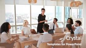  Presentation with meeting table - Colorful presentation theme enhanced with leading - businesswoman leads meeting around table backdrop and a coral colored foreground