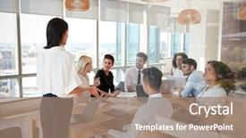  Presentation with meeting table - Slide set having leading - businesswoman leads meeting around table background and a coral colored foreground