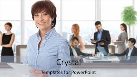  Presentation with drive team - Slide deck having leading teams - happy senior businesswoman with team background and a  colored foreground