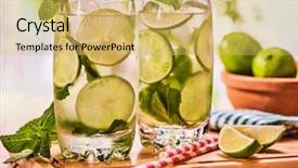  Presentation with alcohol - Slide deck consisting of alcohol drink on wooden boards two glasses with alcohol drink and ice cubes a drink number thirty three cocktail mohito with straw and lime and mint leaf country life outdoor light background background and a yellow colored foreground
