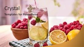  Presentation with alcohol - Colorful PPT theme enhanced with quechers tea - alcohol drink on wooden boards backdrop and a coral colored foreground