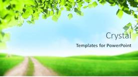  Presentation with green foliage - PPT theme enhanced with leaf-foliage-over-summer-ladscape background and a cool aqua colored foreground