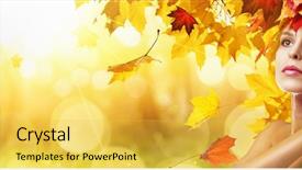  Presentation with falling leaves - Colorful slide deck enhanced with beautiful high fashion woman in autumn with falling leaves over nature background backdrop and a yellow colored foreground