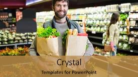  Presentation with grocery bag - Cool new PPT theme with sections - portrait of smiling man holding backdrop and a gold colored foreground