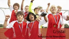  Presentation with winning - Colorful slides enhanced with league - winning junior soccer team portrait backdrop and a crimson colored foreground